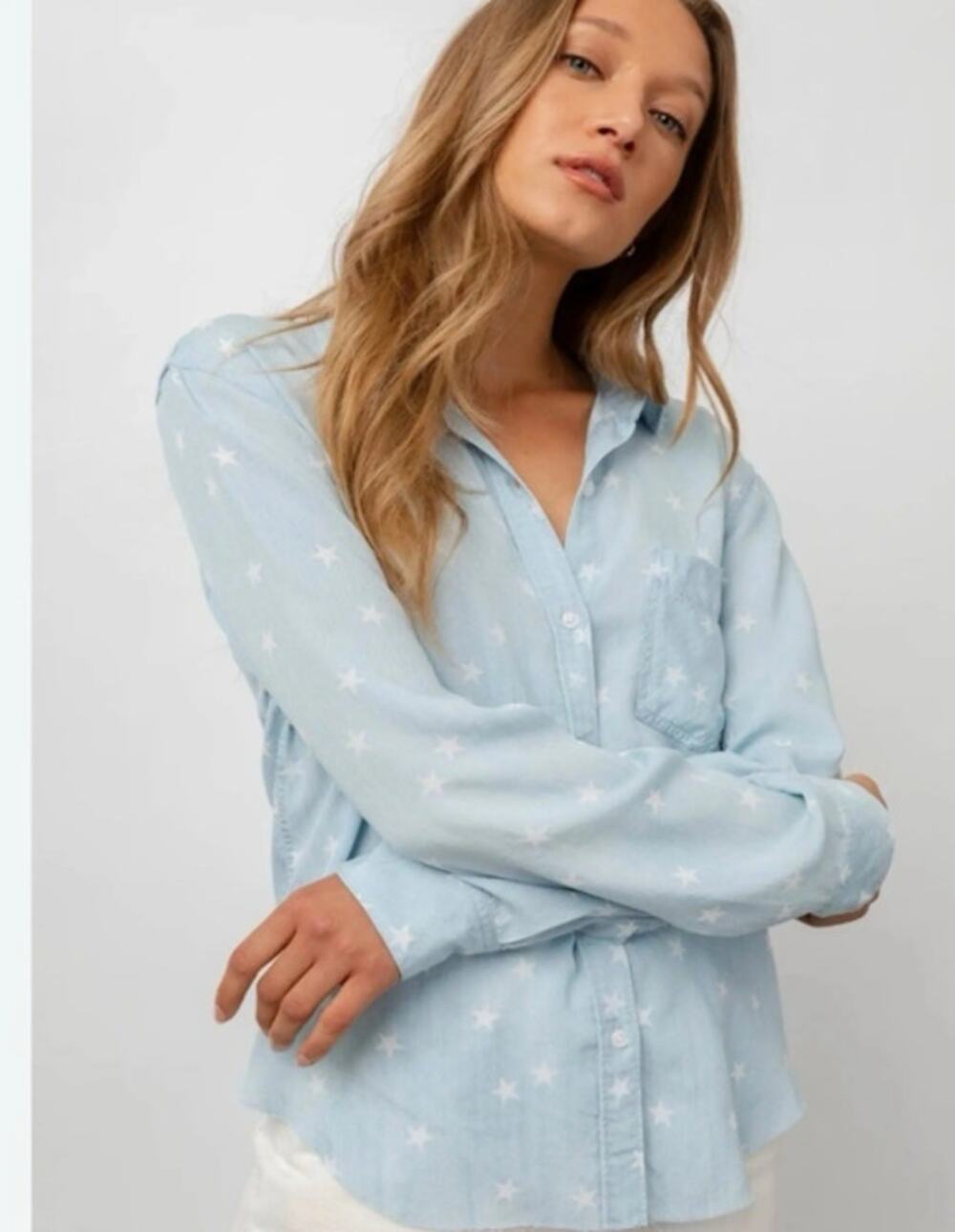 Rails Ingrid Raw Star Print Denim Shirt Size M Light Blue Lyocell Frayed Hem